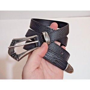 Leather Shop Women's M Black Leather Belt USA Made Silver Tone Moc Croc